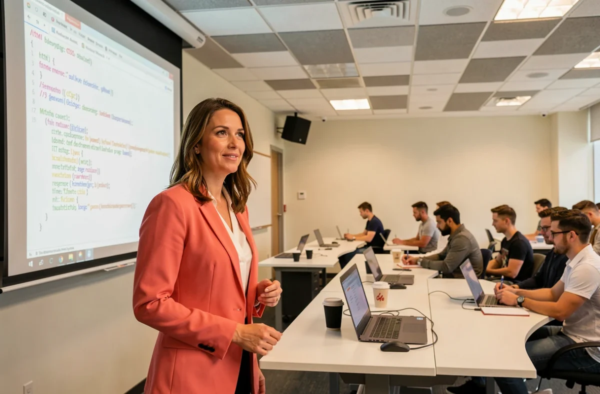 Formatrice d'A3iFormations animant une session de formation au développement web devant un groupe d'apprenants adultes