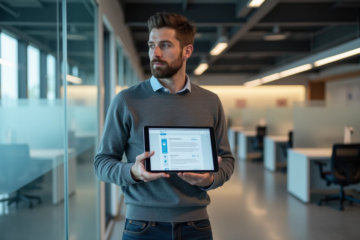 Administrateur universitaire utilisant la messagerie Webmel Nancy sur une tablette dans un bureau académique moderne