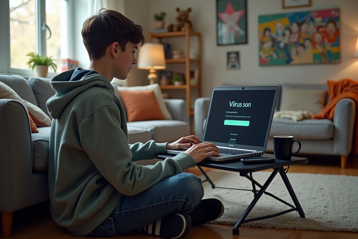 Adolescent scannant son ordinateur portable pour les virus dans le salon