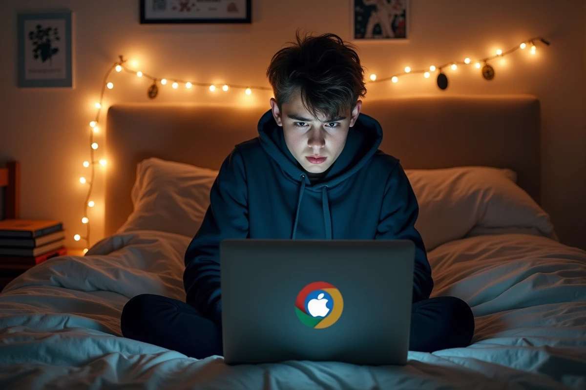 Adolescent confus devant une page Chrome plantée sur son ordinateur portable dans sa chambre