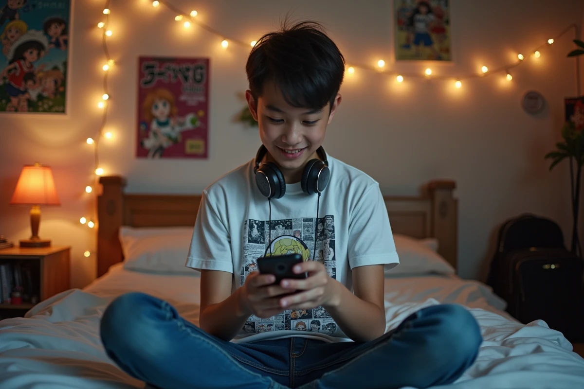 Adolescent lisant des scans manga sur smartphone dans sa chambre décorée de posters d'anime