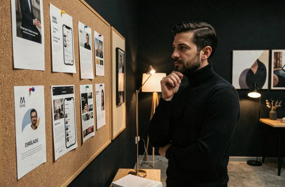Directeur artistique d'Artificio Agency arrangeant des maquettes de marque et captures d'application mobile dans une agence créative à Marseille