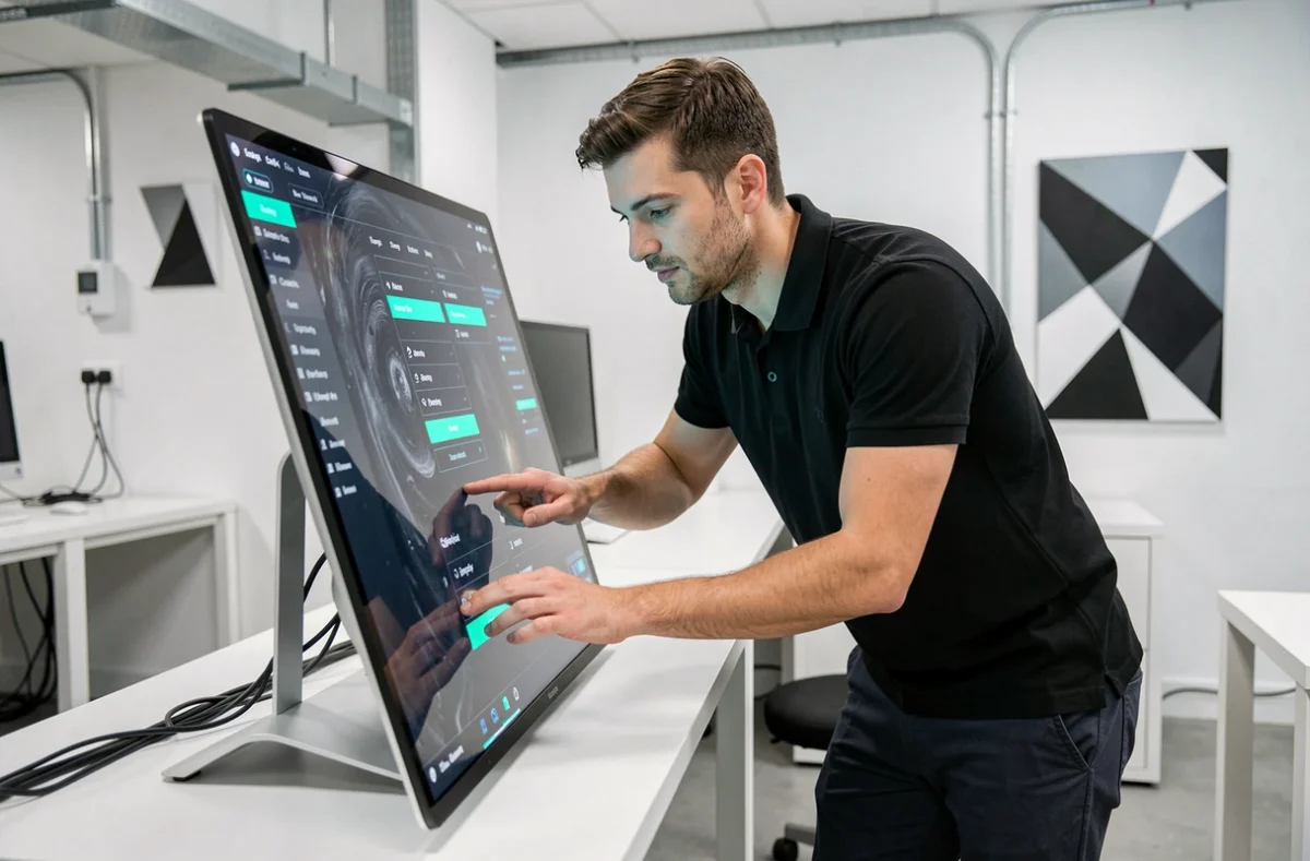 Ingénieur logiciel de FLEXILAB interagissant avec une interface mobile flexible sur écran tactile dans un laboratoire tech à Aix-en-Provence