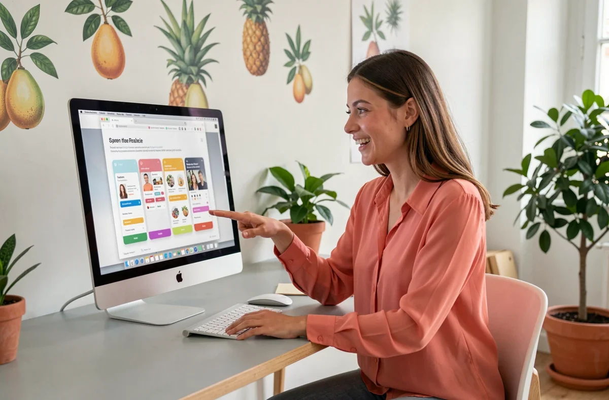 Développeuse présentant une interface d'application mobile colorée dans un studio créatif