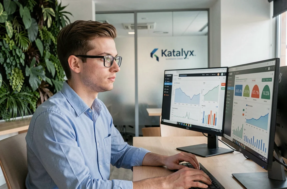 Analyste de données de l'agence Katalyx étudiant un tableau de bord analytique dans un bureau moderne à Marseille