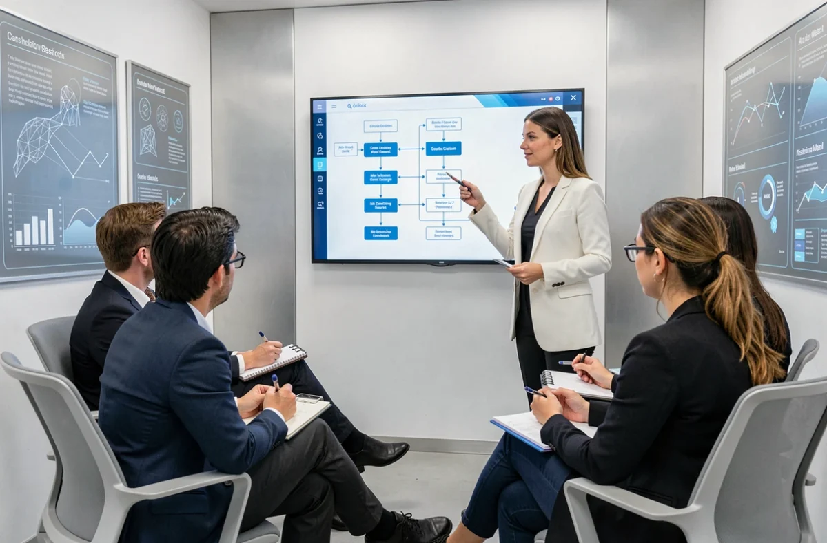 Cheffe de produit IA de MyAiFactory présentant un workflow de machine learning à son équipe dans un studio technologique à Marseille
