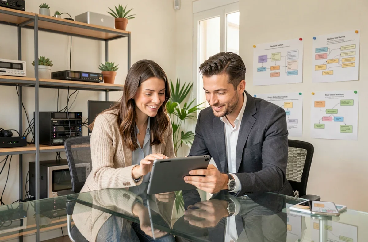 Équipe de l'agence SOKEO collaborant sur un prototype d'application mobile e-commerce dans un bureau digital à Marseille