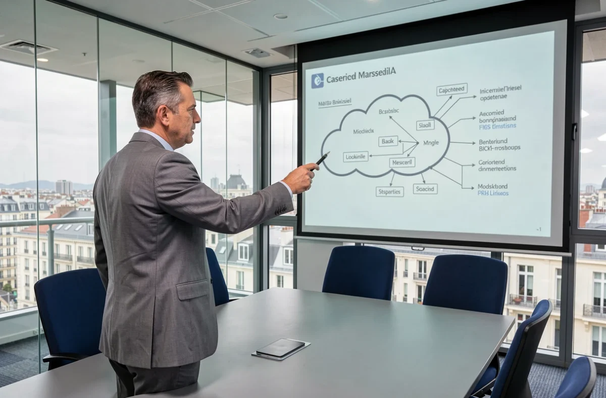 Consultant IT présentant une architecture cloud sur écran de projection dans une salle de réunion