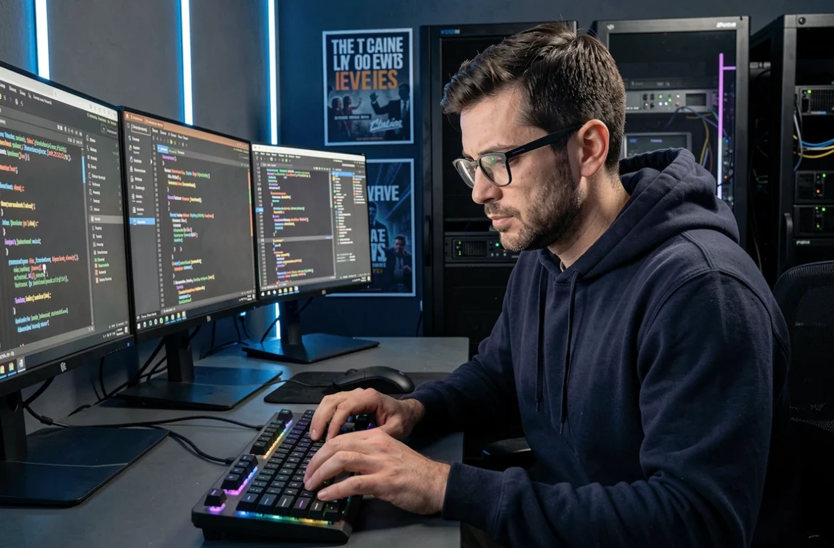 Développeur web de l'agence Web Maniac concentré sur son code dans un studio numérique à Aix-en-Provence