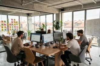 Équipe de développeurs d'applications mobiles collaborant dans un open-space moderne à Marseille, Bouches-du-Rhône