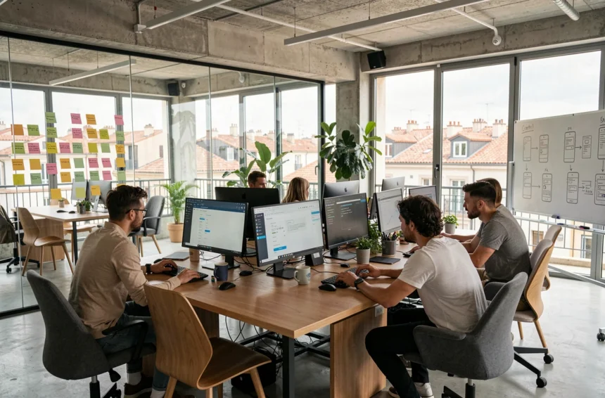 Équipe de développeurs d'applications mobiles collaborant dans un open-space moderne à Marseille, Bouches-du-Rhône