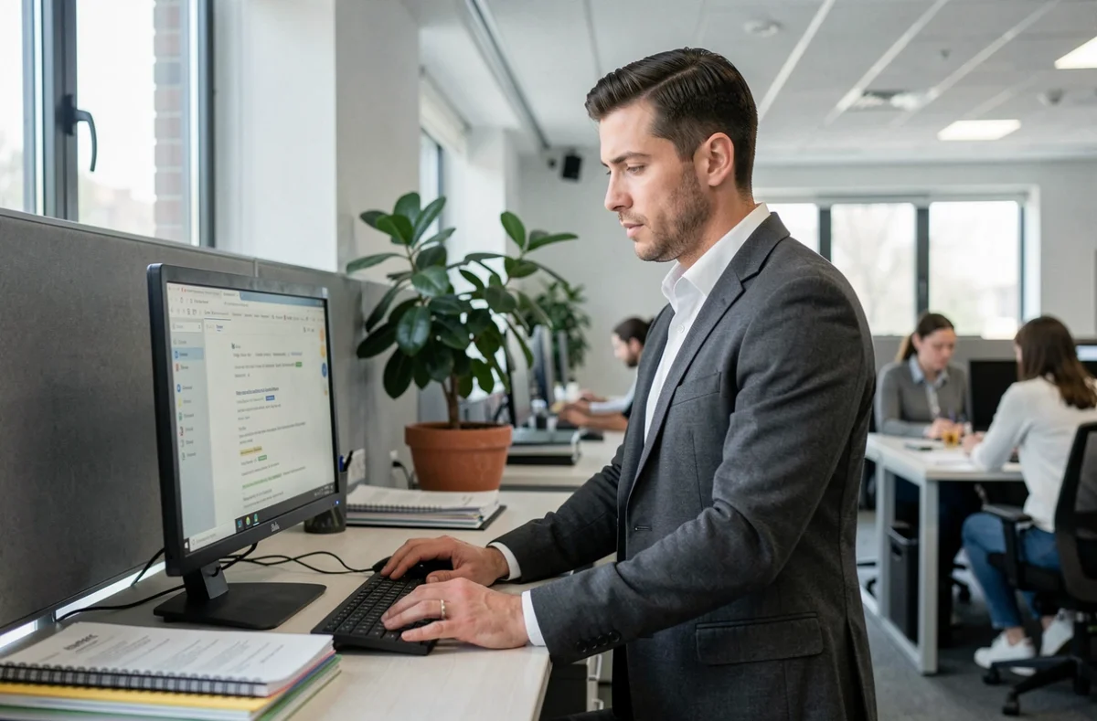 Agent administratif consultant sa messagerie professionnelle sur un ordinateur de bureau dans un open space