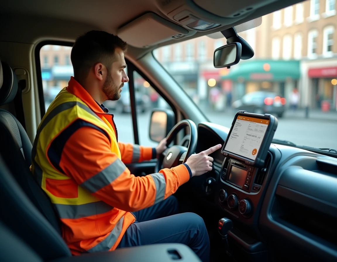 Deux agents prestataires consultant un logiciel de gestion de tournées sur tablette embarquée dans un véhicule de service