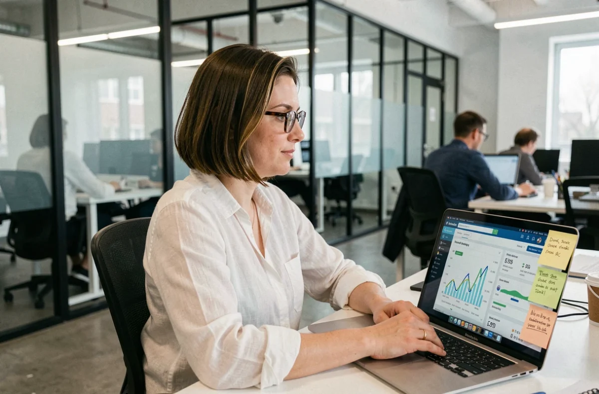 Femme analysant les statistiques d'un hébergeur web avec des graphiques de stockage dans un espace de coworking