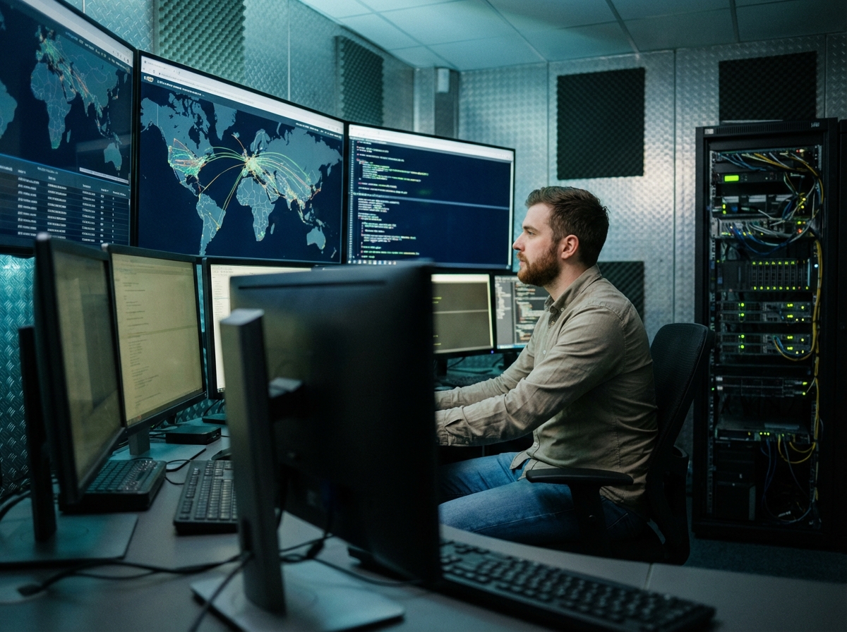 Analyste en sécurité informatique surveillant les écrans