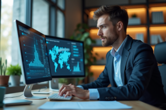 Homme en bureau analysant graphiques SEO futuristes