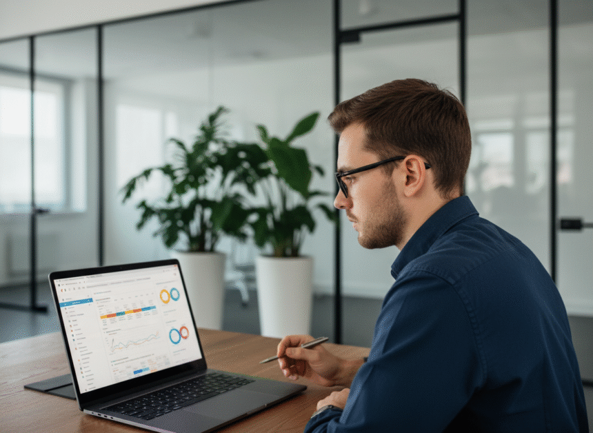 Jeune professionnel analysant des données sur un ordinateur