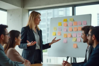 Facilitatrice animant un atelier feature by feature devant un tableau blanc couvert de post-its colorés avec des parties prenantes attentives