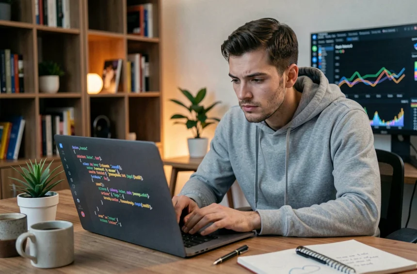 Développeur web apprenant Python sur son ordinateur portable dans un bureau à domicile moderne