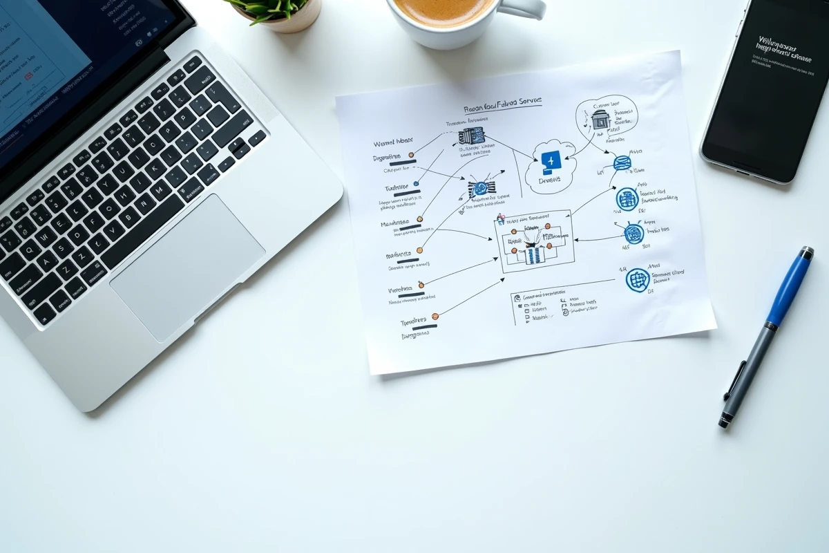 Vue en plongée d'un bureau avec diagrams réseau annotés et connexion cloud échouée sur ordinateur portable