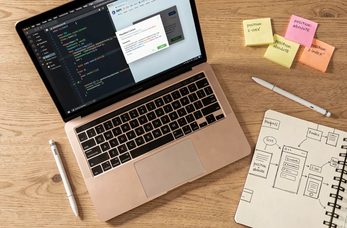 Vue aérienne d'un bureau de programmeur avec laptop affichant du code CSS de positionnement et des croquis de modales dans un carnet