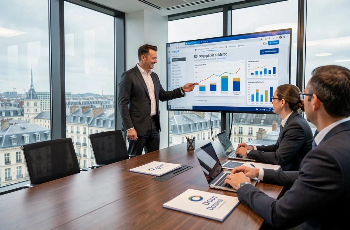Consultant de Business Aptitude présentant un rapport de performance web à des clients dans une salle de réunion professionnelle