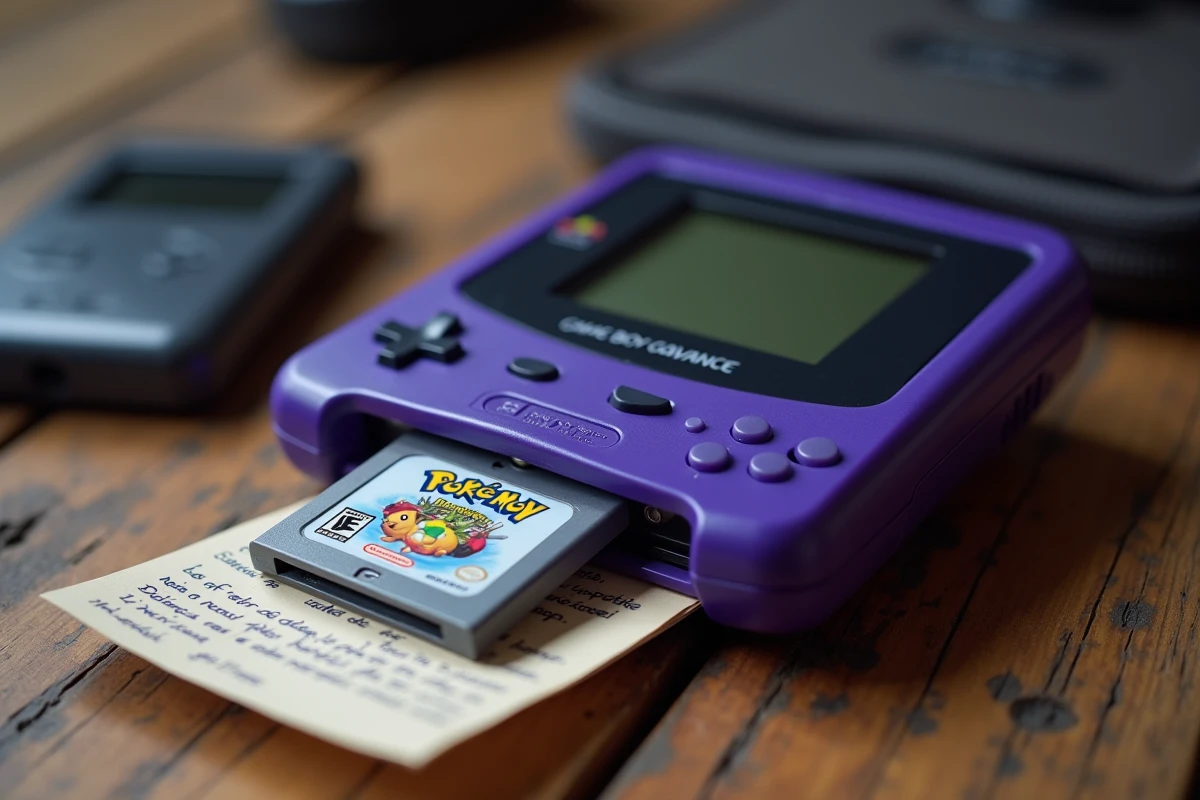 Gros plan d'une Game Boy Advance indigo avec une cartouche Pokémon en français posée sur une surface en bois ancien