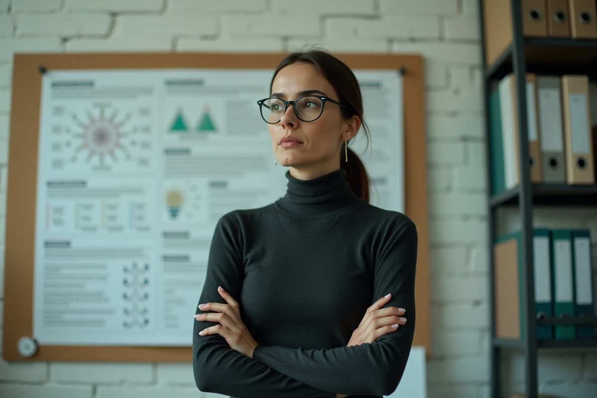 Chercheuse en sciences cognitives examinant un diagramme théorique lié au haipallzizopnoz dans un laboratoire de recherche minimaliste