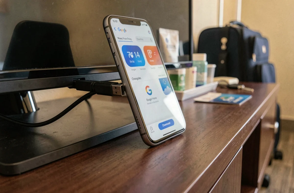Gros plan sur un Chromecast branché au port HDMI d'un téléviseur d'hôtel avec l'application Google Home sur smartphone
