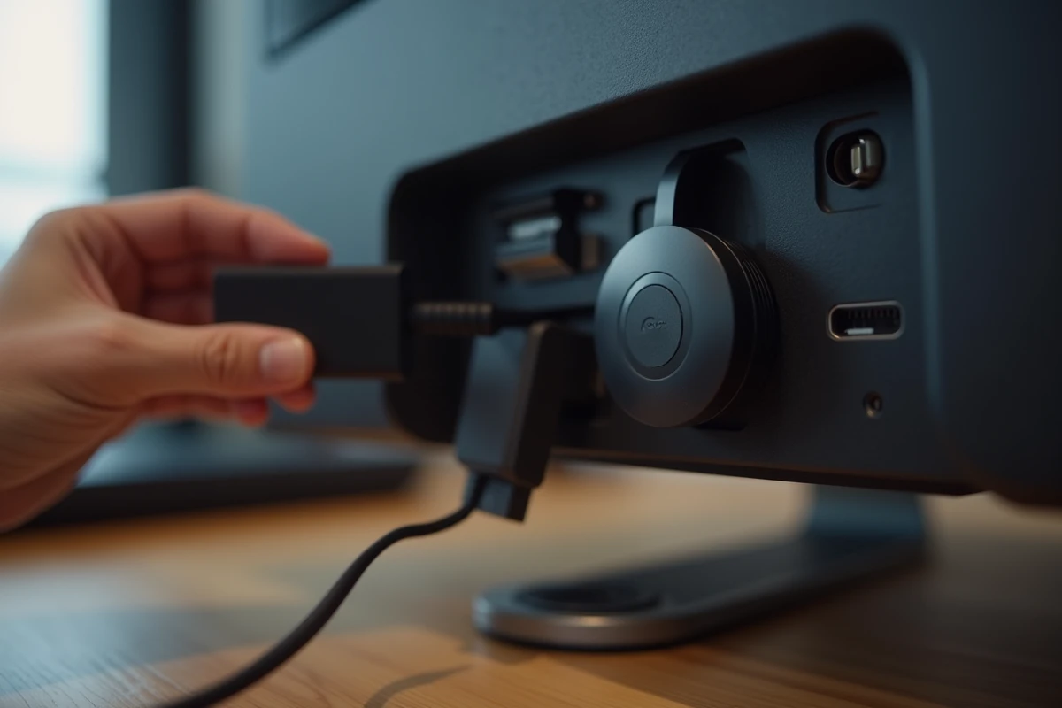 Gros plan sur un Chromecast branché dans le port HDMI d'un téléviseur avec câble USB pour illustrer l'installation