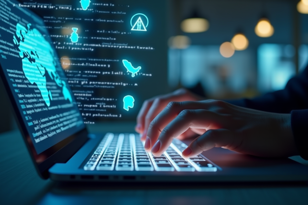 Mains tapant sur clavier rétroéclairé avec hologrammes de warning et code
