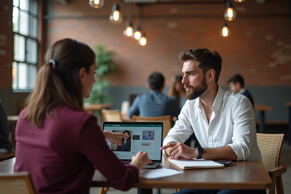 Deux collègues en coworking comparant Xabriv et ses alternatives sur ordinateur portable