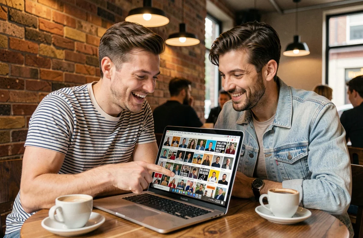 Deux collègues dans un café consultant une interface de partage de mèmes en masse sur un ordinateur portable