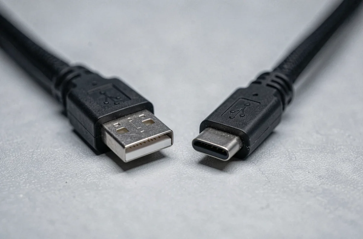 Comparaison côte à côte d'un connecteur USB B carré et d'un connecteur USB C ovale montrant leurs différences physiques