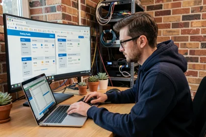 Développeur web comparant des offres d'hébergement illimitées sur son ordinateur dans un bureau à domicile