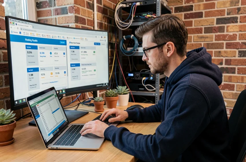 Développeur web comparant des offres d'hébergement illimitées sur son ordinateur dans un bureau à domicile