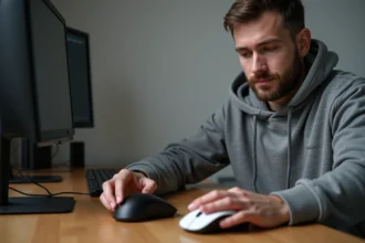 Homme comparant une souris gaming sans fil et une souris bureautique sur un bureau home office moderne