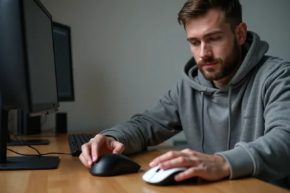 Homme comparant une souris gaming sans fil et une souris bureautique sur un bureau home office moderne