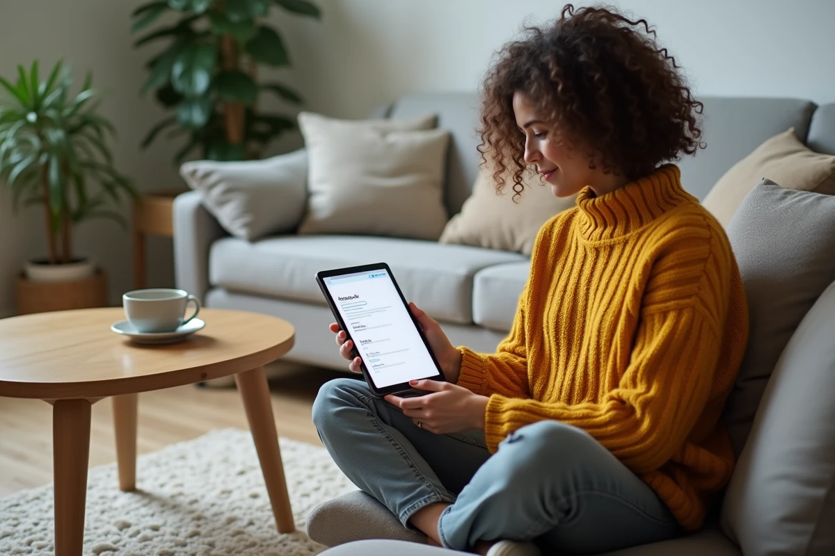 Jeune femme paramétrant l'application Outlook sur tablette pour synchroniser le webmail de l'académie de Grenoble depuis son salon