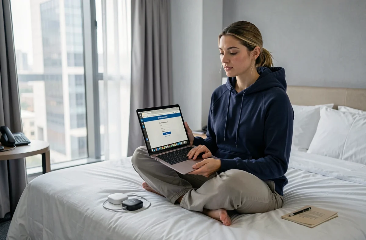 Femme configurant un Chromecast via un ordinateur portable connecté au Wi-Fi d'un hôtel en voyage