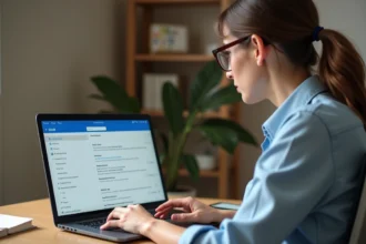 Femme configurant Outlook sur un ordinateur portable dans un bureau à domicile, paramétrage du webmail académique de Grenoble