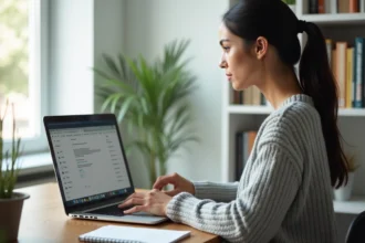 Femme configurant un compte webmail ia72 dans un client de messagerie sur un bureau à domicile