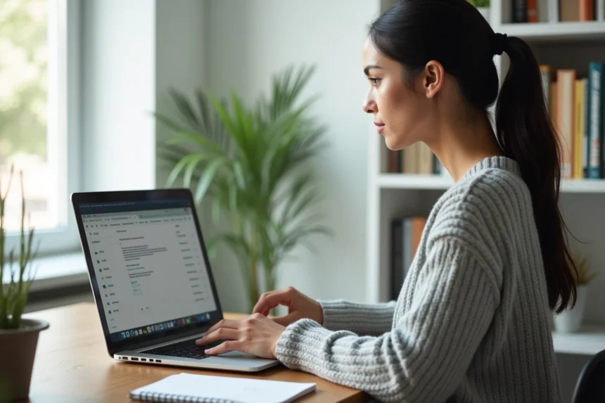Femme configurant un compte webmail ia72 dans un client de messagerie sur un bureau à domicile