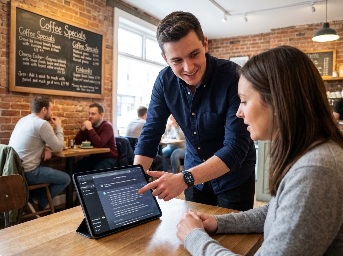 Jeune homme montrant ChatGPT à un client dans un café