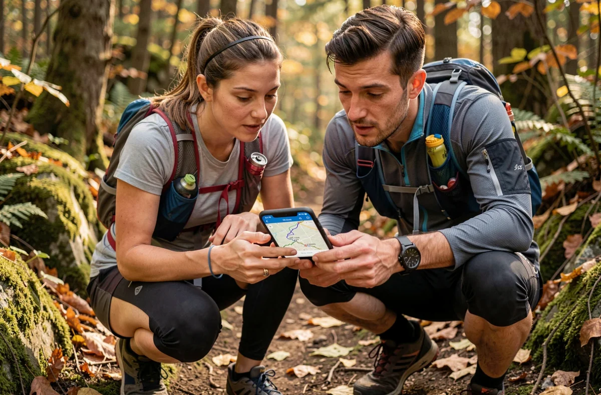 Deux randonneurs consultant une trace GPX sur smartphone en forêt automnale