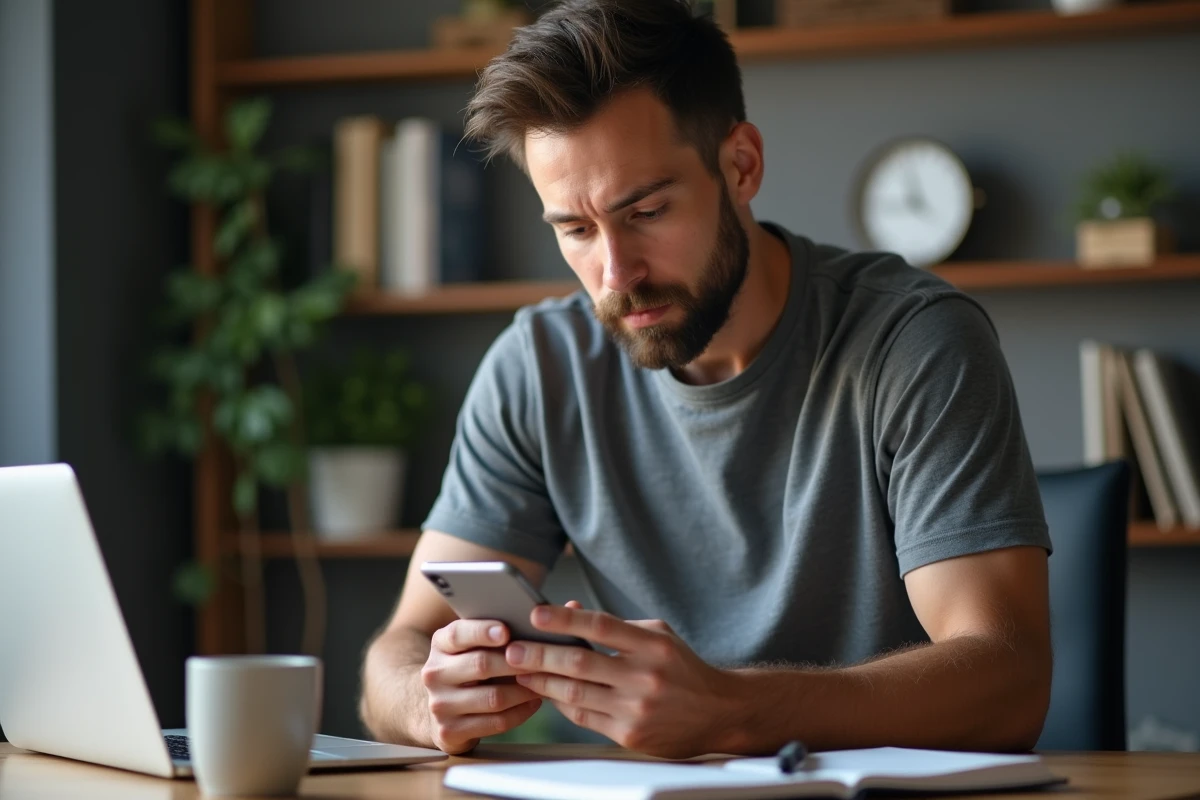 Homme consultant discrètement une story Instagram de manière anonyme depuis son bureau à domicile