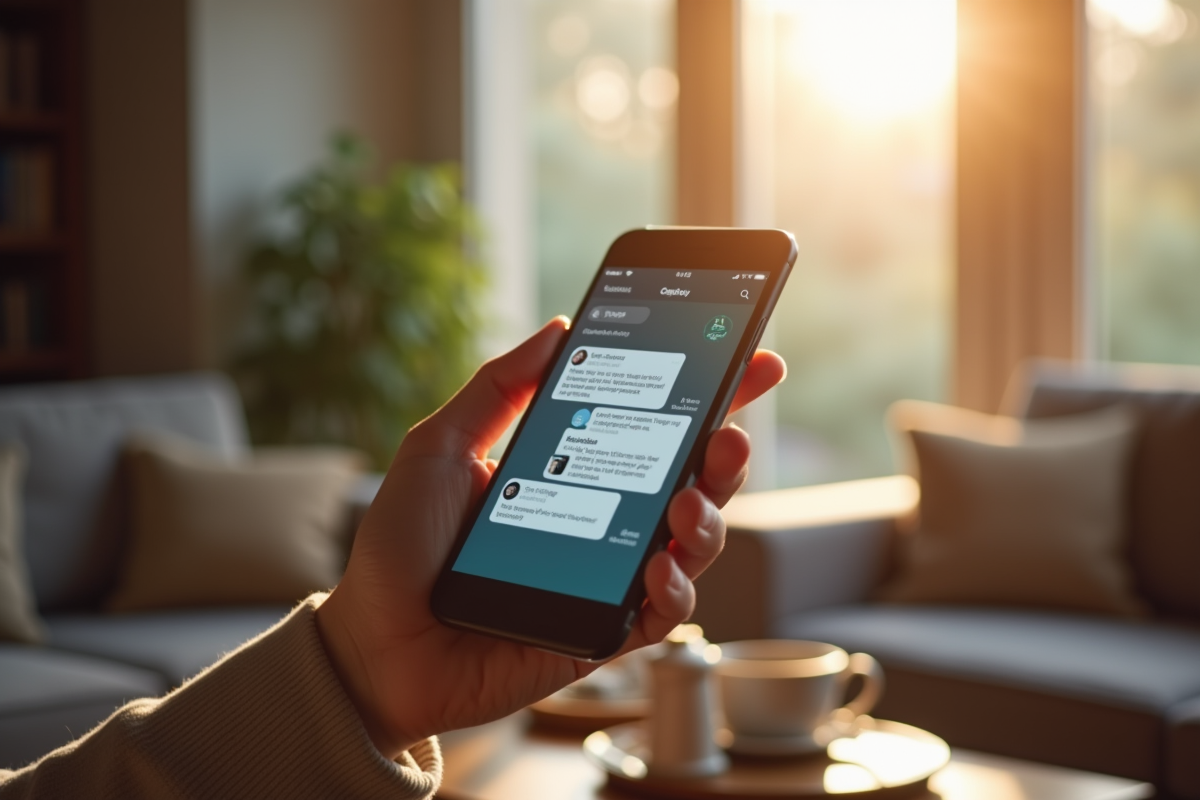 Conversation chatbot sur smartphone dans un intérieur cosy