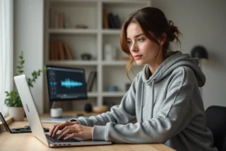 Jeune femme convertissant une vidéo YouTube en fichier WAV sur son ordinateur portable depuis un bureau à domicile