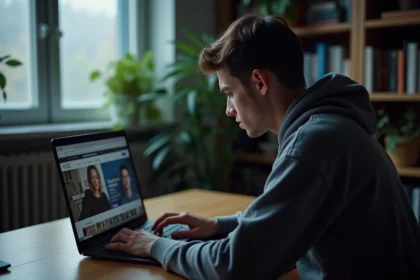 Jeune homme utilisant un convertisseur vidéo discret sur son ordinateur portable dans un bureau à domicile