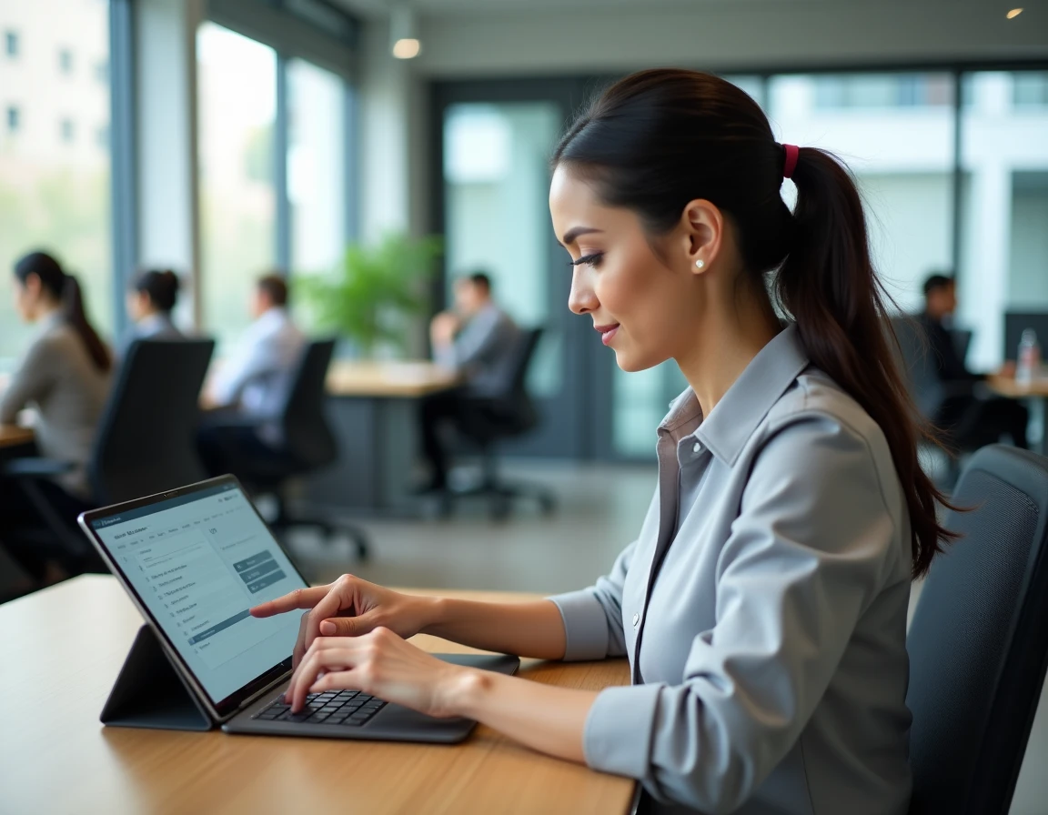 Coordinatrice de prestataires utilisant une application de gestion de planning sur tablette dans un bureau moderne